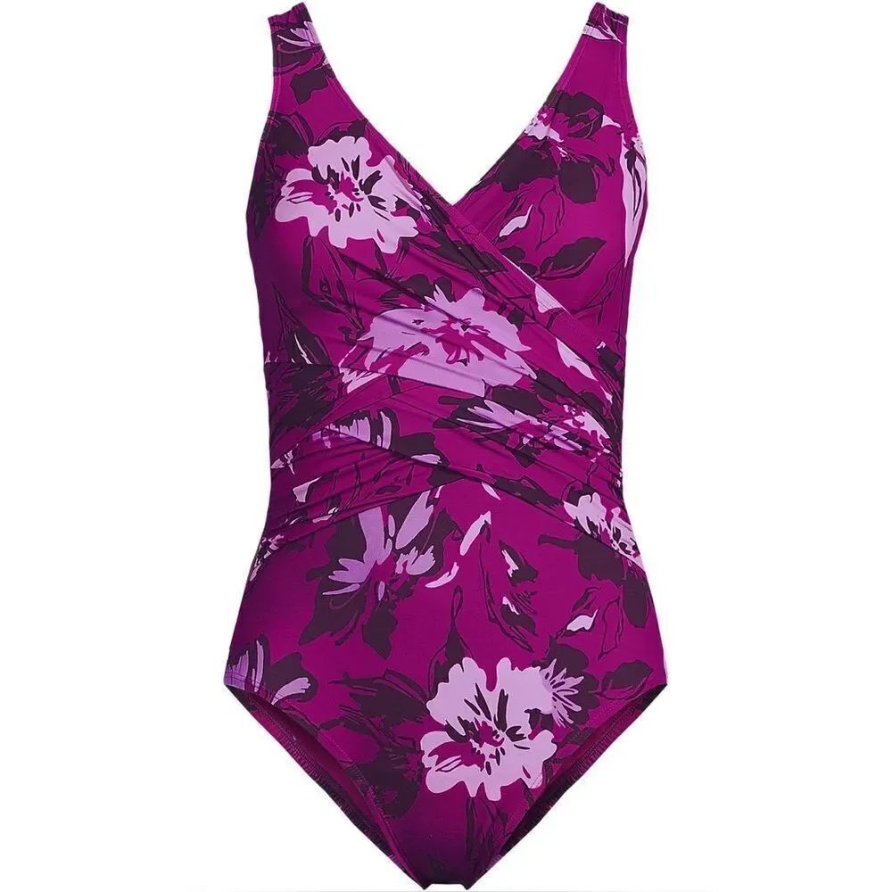 Land's End SlenderSuit Wrap one piece swimsuit Crimson Rose Abstract Floral Var